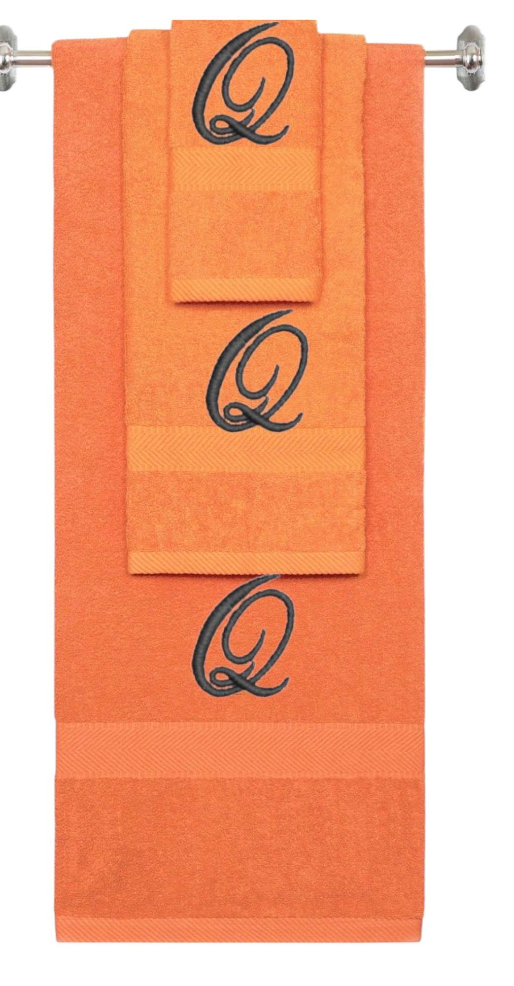 Orange monogrammed towel set with Black thread, Diana Script font, initial Q - 540 GSM cotton 3-piece