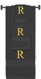 Charcoal monogrammed towel set with Gold thread, Times New Roman font, initial R - 540 GSM cotton 3-piece