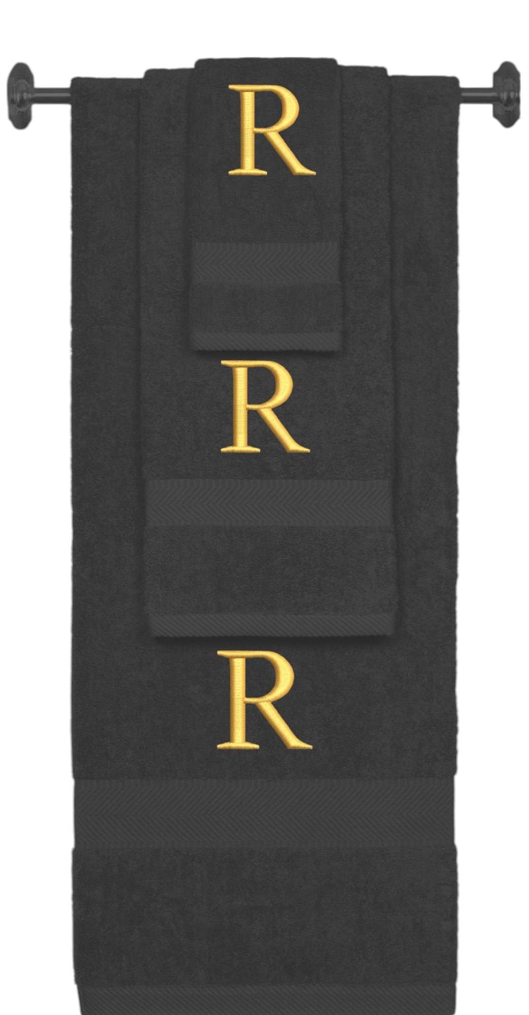Charcoal monogrammed towel set with Gold thread, Times New Roman font, initial R - 540 GSM cotton 3-piece