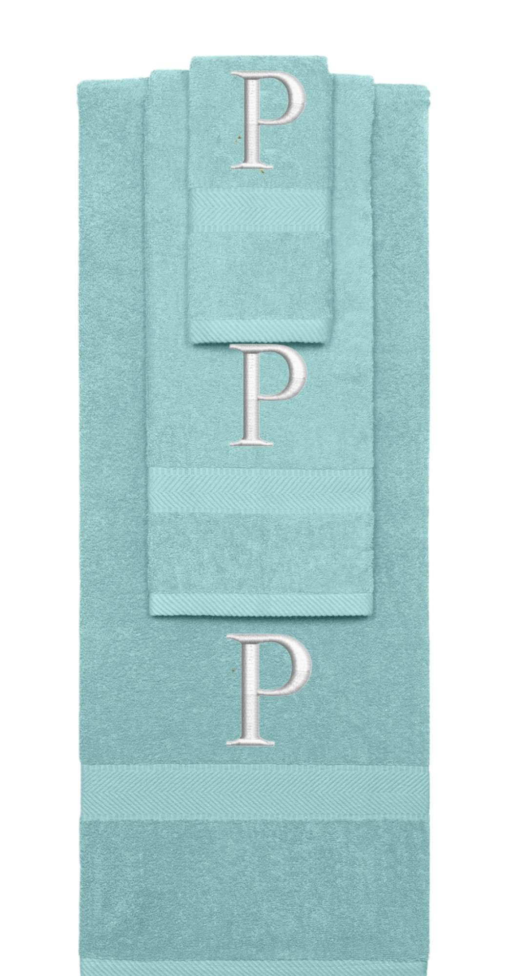 Nautical Teal monogrammed towel set with Silver thread, Times New Roman font, initial P - 540 GSM cotton 3-piece
