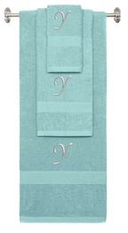 Nautical Teal monogrammed towel set with Silver thread, Chancery font, initial Z - 540 GSM cotton 3-piece
