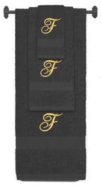 Charcoal monogrammed towel set with Gold thread, Diana Script font, initial F - 540 GSM cotton 3-piece