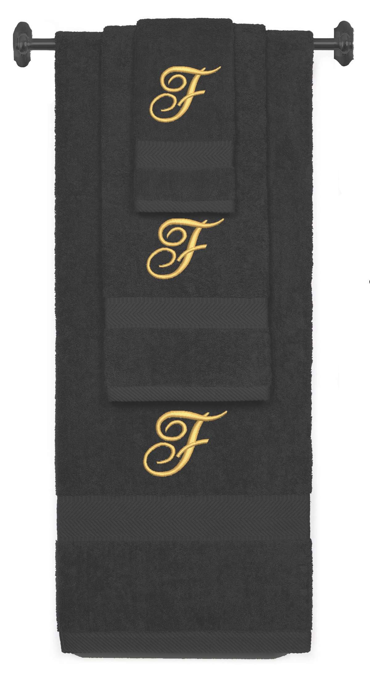 Charcoal monogrammed towel set with Gold thread, Diana Script font, initial F - 540 GSM cotton 3-piece