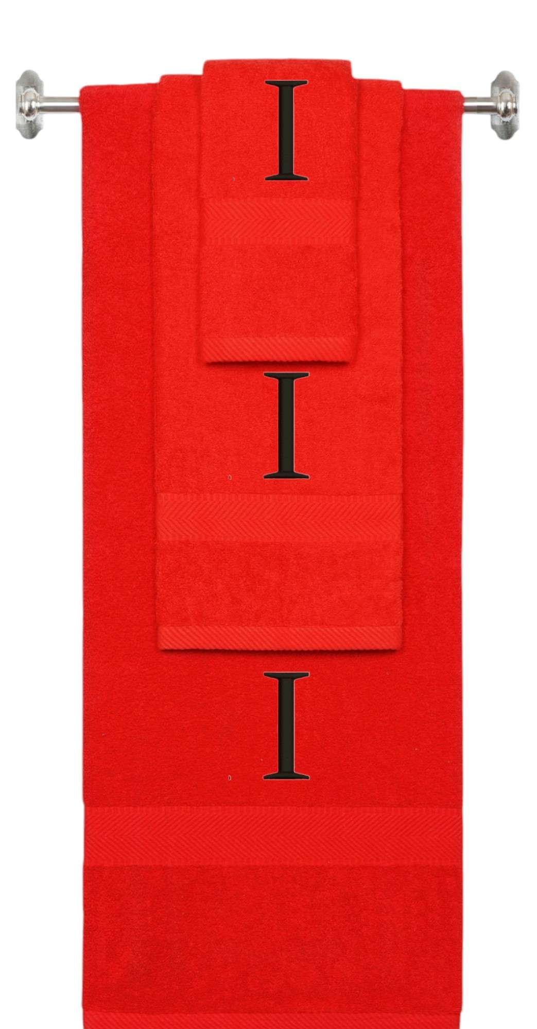 Red monogrammed towel set with Black thread, Times New Roman font, initial I - 540 GSM cotton 3-piece