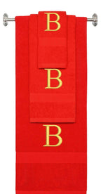Red monogrammed towel set with Gold thread, Times New Roman font, initial B - 540 GSM cotton 3-piece