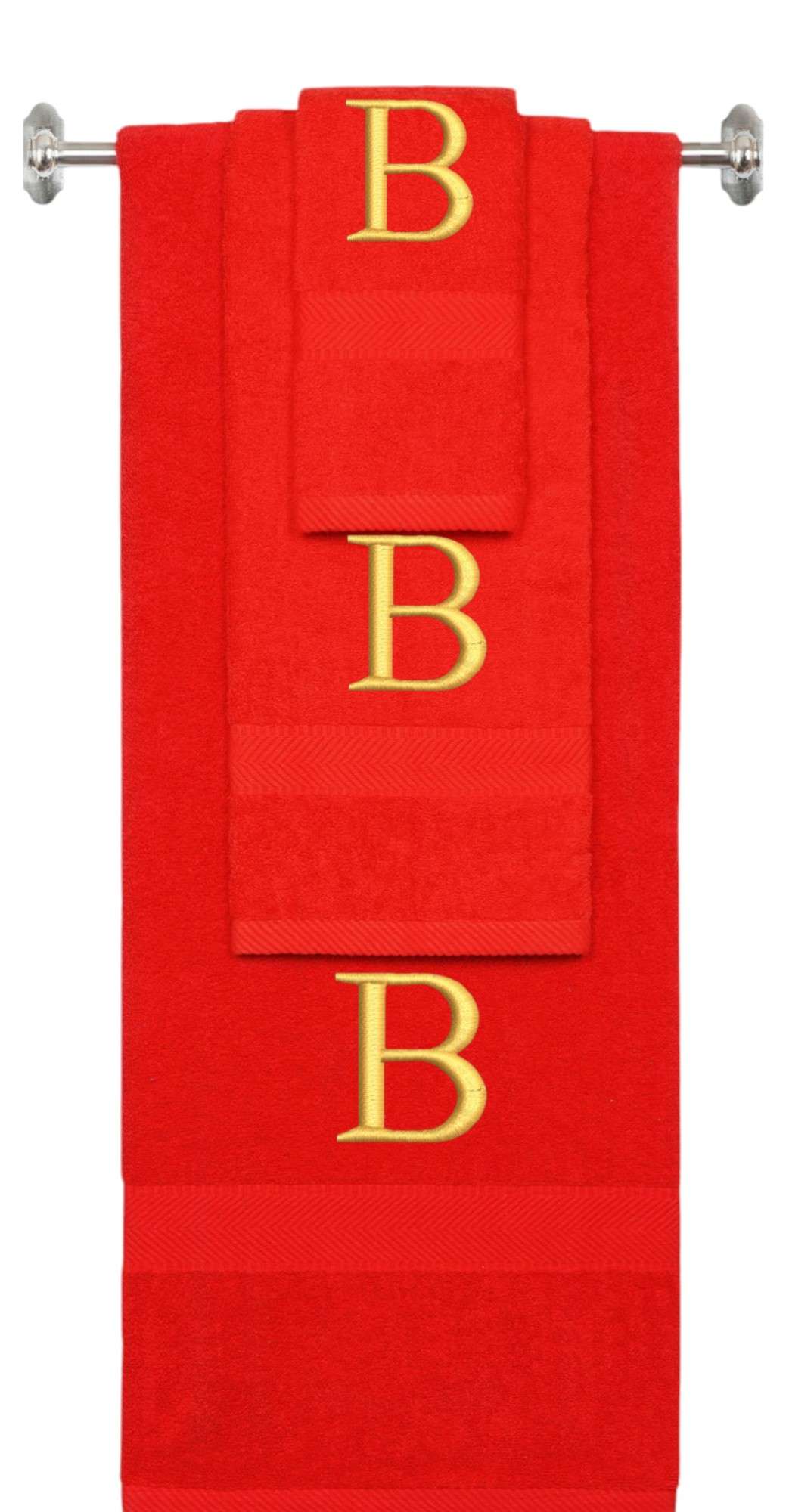 Red monogrammed towel set with Gold thread, Times New Roman font, initial B - 540 GSM cotton 3-piece