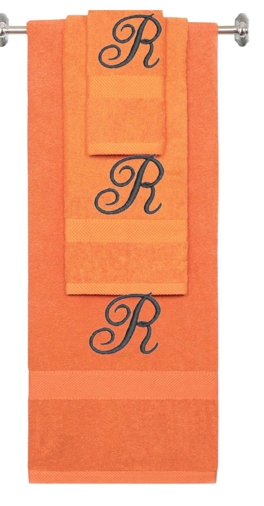 Orange monogrammed towel set with Black thread, Diana Script font, initial R - 540 GSM cotton 3-piece