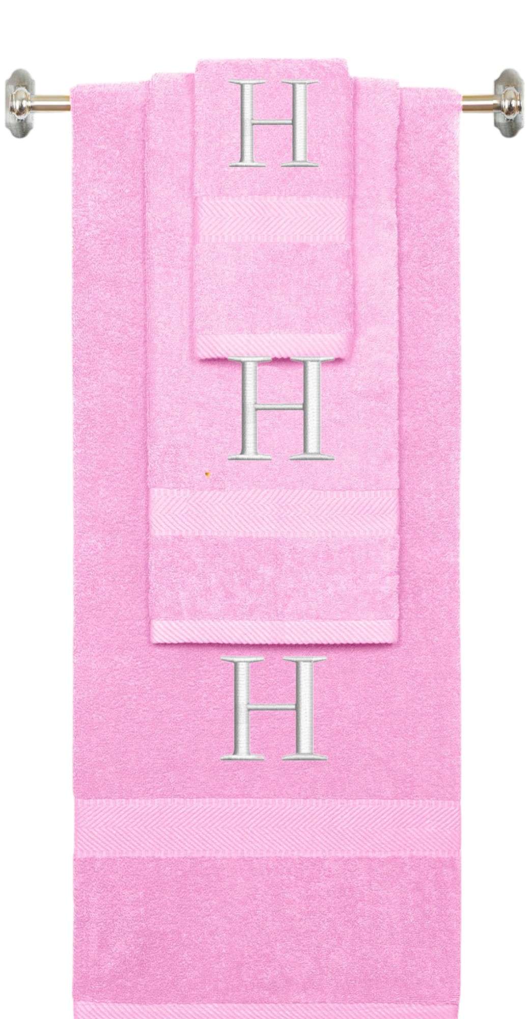 Pink monogrammed towel set with White thread, Times New Roman font, initial H - 540 GSM cotton 3-piece