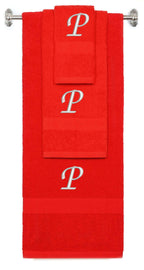 Red monogrammed towel set with Silver thread, Chancery font, initial P - 540 GSM cotton 3-piece