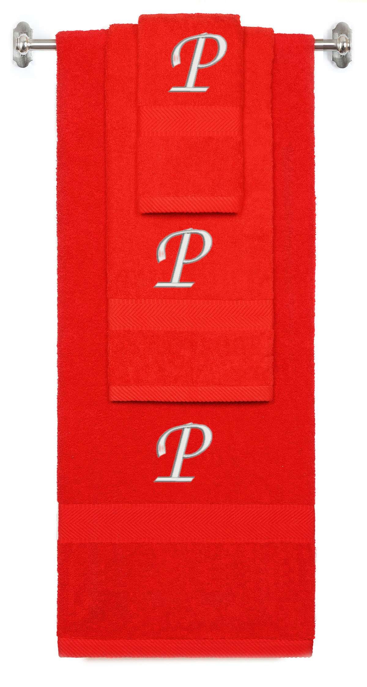 Red monogrammed towel set with Silver thread, Chancery font, initial P - 540 GSM cotton 3-piece