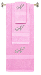Pink monogrammed towel set with Silver thread, Diana Script font, initial N - 540 GSM cotton 3-piece