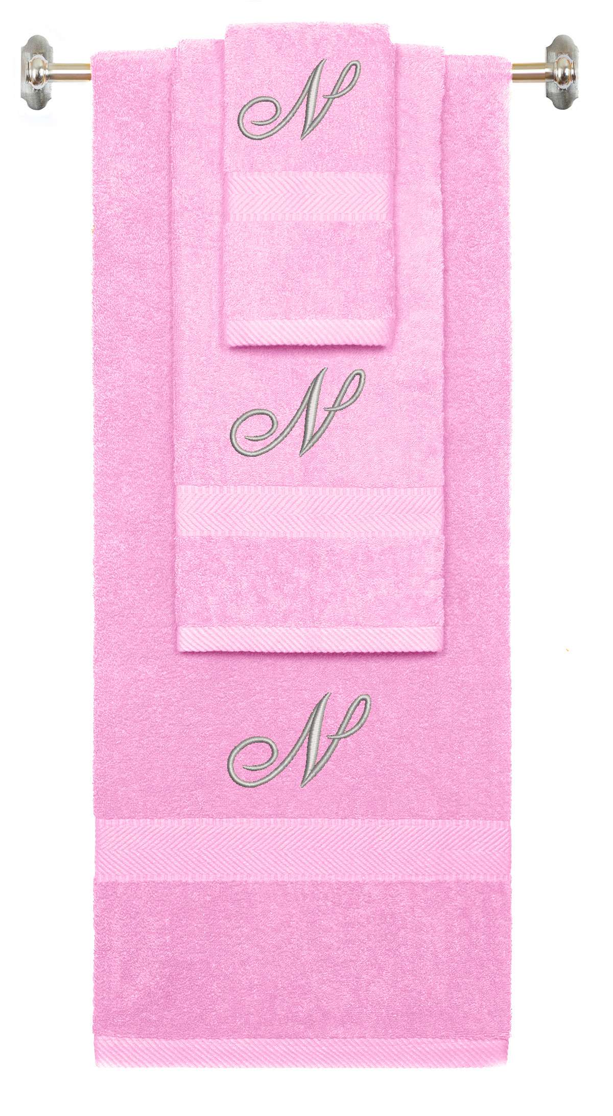 Pink monogrammed towel set with Silver thread, Diana Script font, initial N - 540 GSM cotton 3-piece