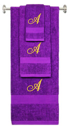 Purple monogrammed towel set with Gold thread, Diana Script font, initial A - 540 GSM cotton 3-piece