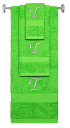 Lime monogrammed towel set with Silver thread, Chancery font, initial T - 540 GSM cotton 3-piece