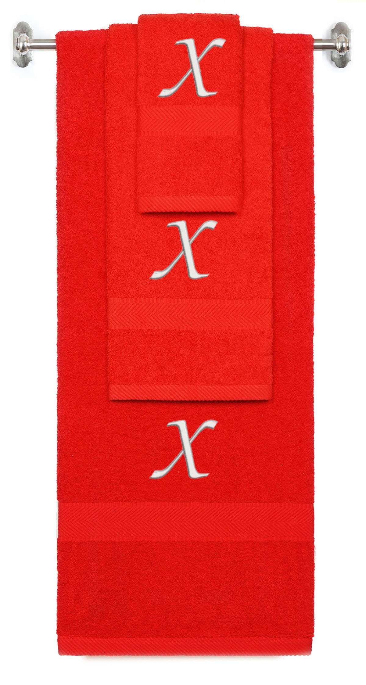 Red monogrammed towel set with Silver thread, Chancery font, initial X - 540 GSM cotton 3-piece