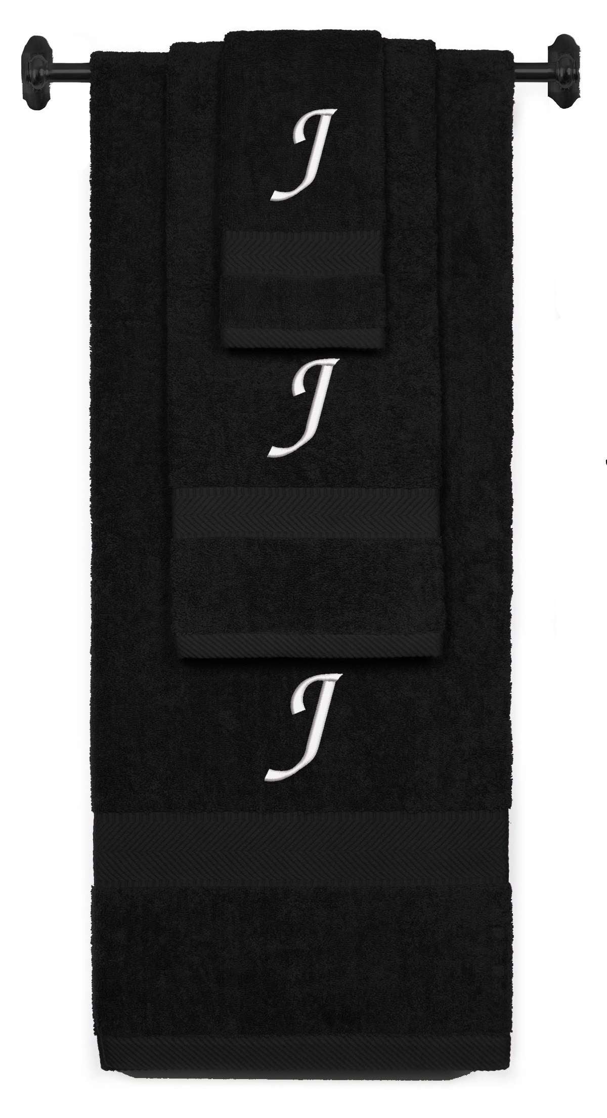 Black monogrammed towel set with White thread, Chancery font, initial J - 540 GSM cotton 3-piece