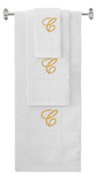 White monogrammed towel set with Gold thread, Diana Script font, initial C - 540 GSM cotton 3-piece
