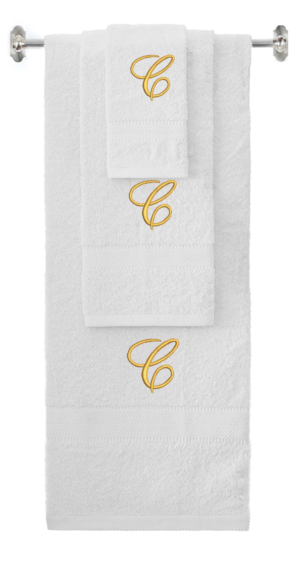 White monogrammed towel set with Gold thread, Diana Script font, initial C - 540 GSM cotton 3-piece