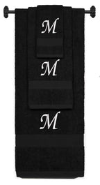 Black monogrammed towel set with White thread, Chancery font, initial M - 540 GSM cotton 3-piece