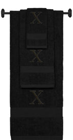 Black monogrammed towel set with Black thread, Times New Roman font, initial X - 540 GSM cotton 3-piece