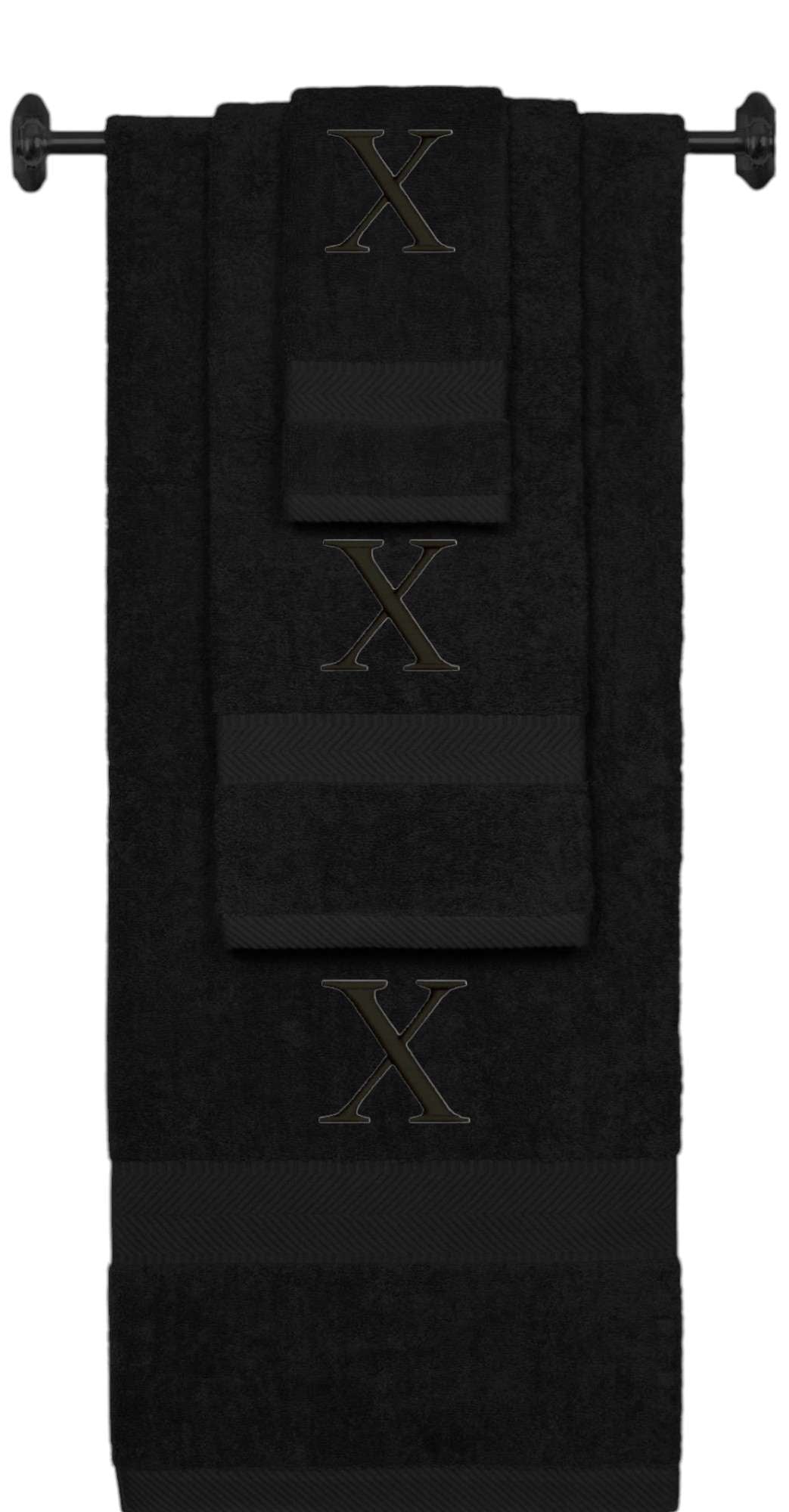 Black monogrammed towel set with Black thread, Times New Roman font, initial X - 540 GSM cotton 3-piece