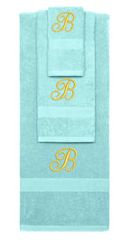 Nautical Teal monogrammed towel set with Gold thread, Diana Script font, initial B - 540 GSM cotton 3-piece