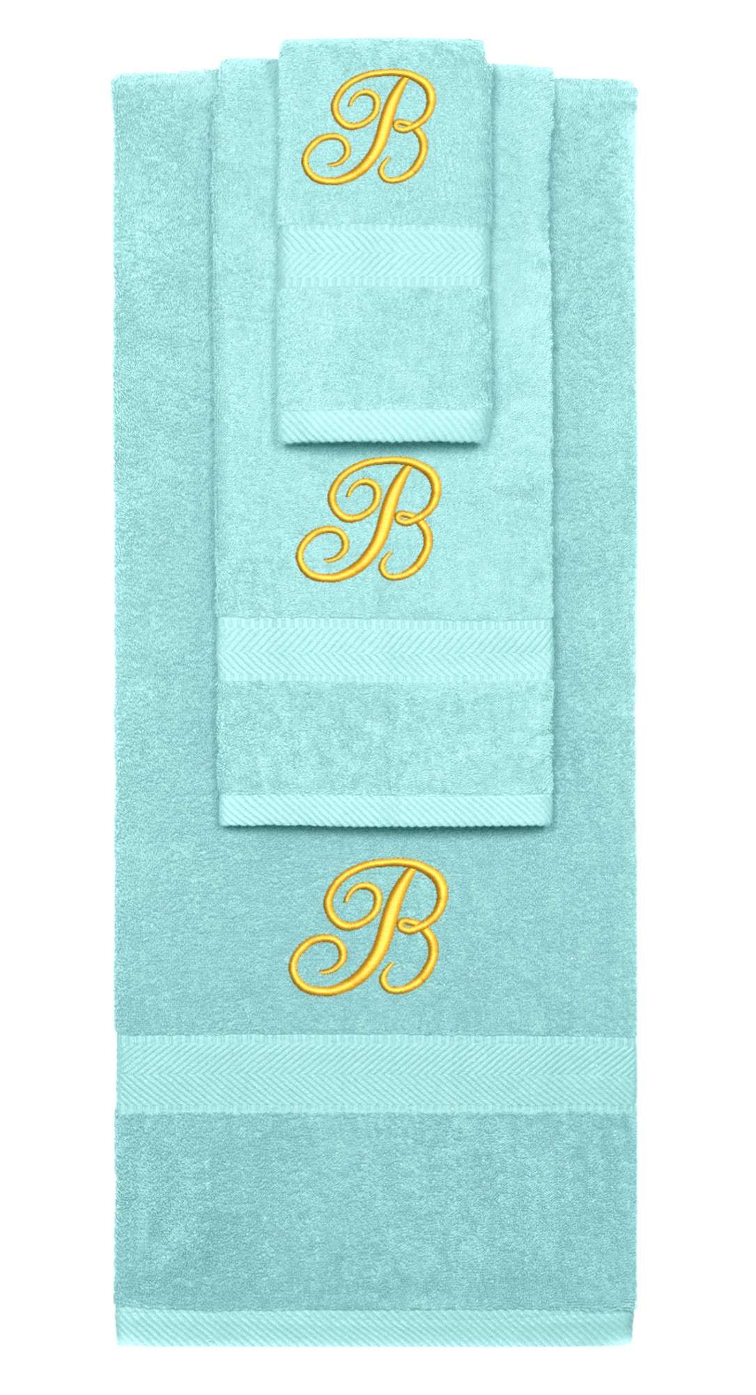 Nautical Teal monogrammed towel set with Gold thread, Diana Script font, initial B - 540 GSM cotton 3-piece