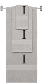 Silver monogrammed towel set with Black thread, Times New Roman font, initial I - 540 GSM cotton 3-piece