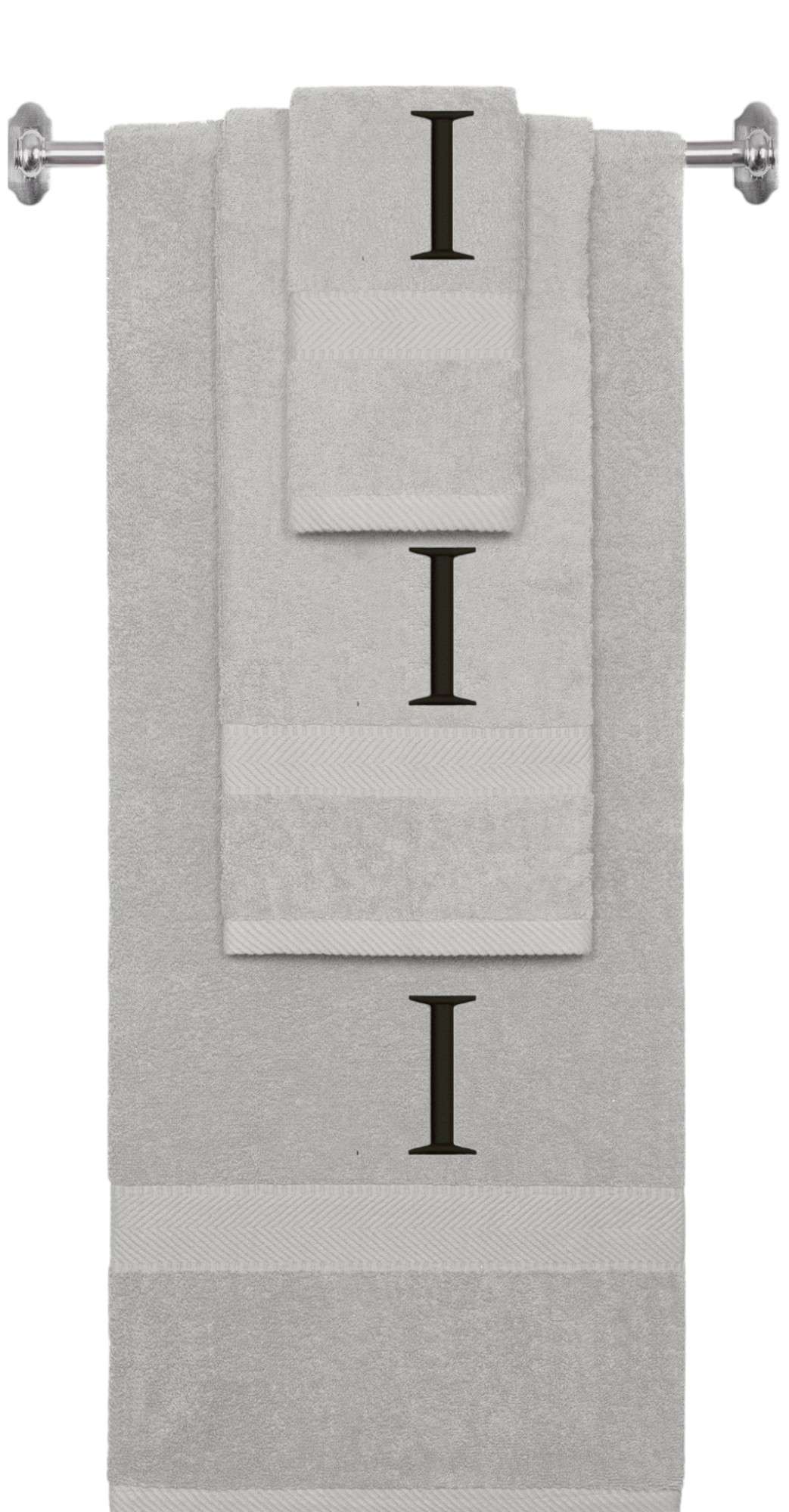 Silver monogrammed towel set with Black thread, Times New Roman font, initial I - 540 GSM cotton 3-piece
