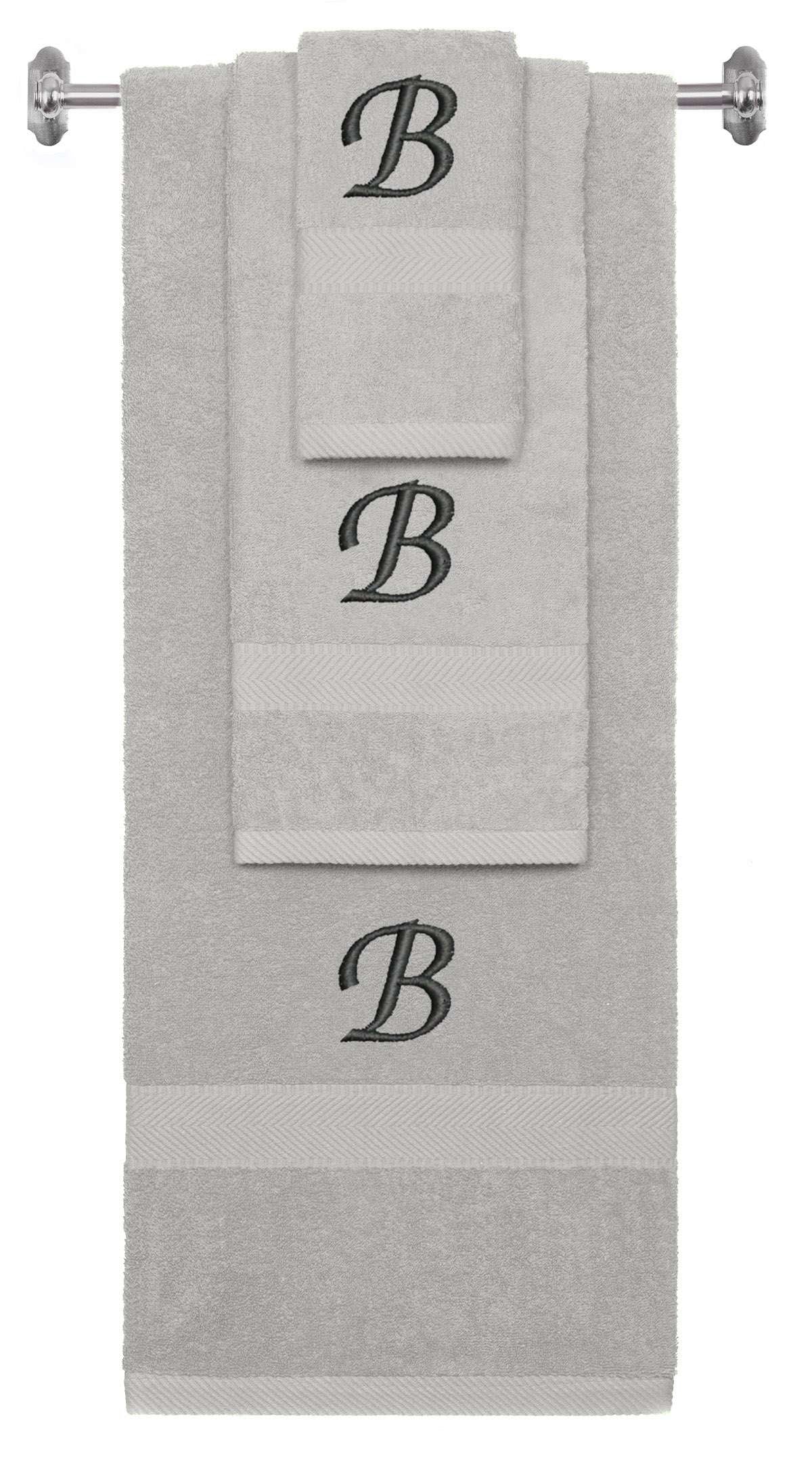 Silver monogrammed towel set with Black thread, Chancery font, initial B - 540 GSM cotton 3-piece