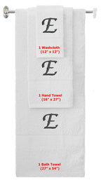 White monogrammed towel set with Black thread, Chancery font, initial E - 540 GSM cotton 3-piece