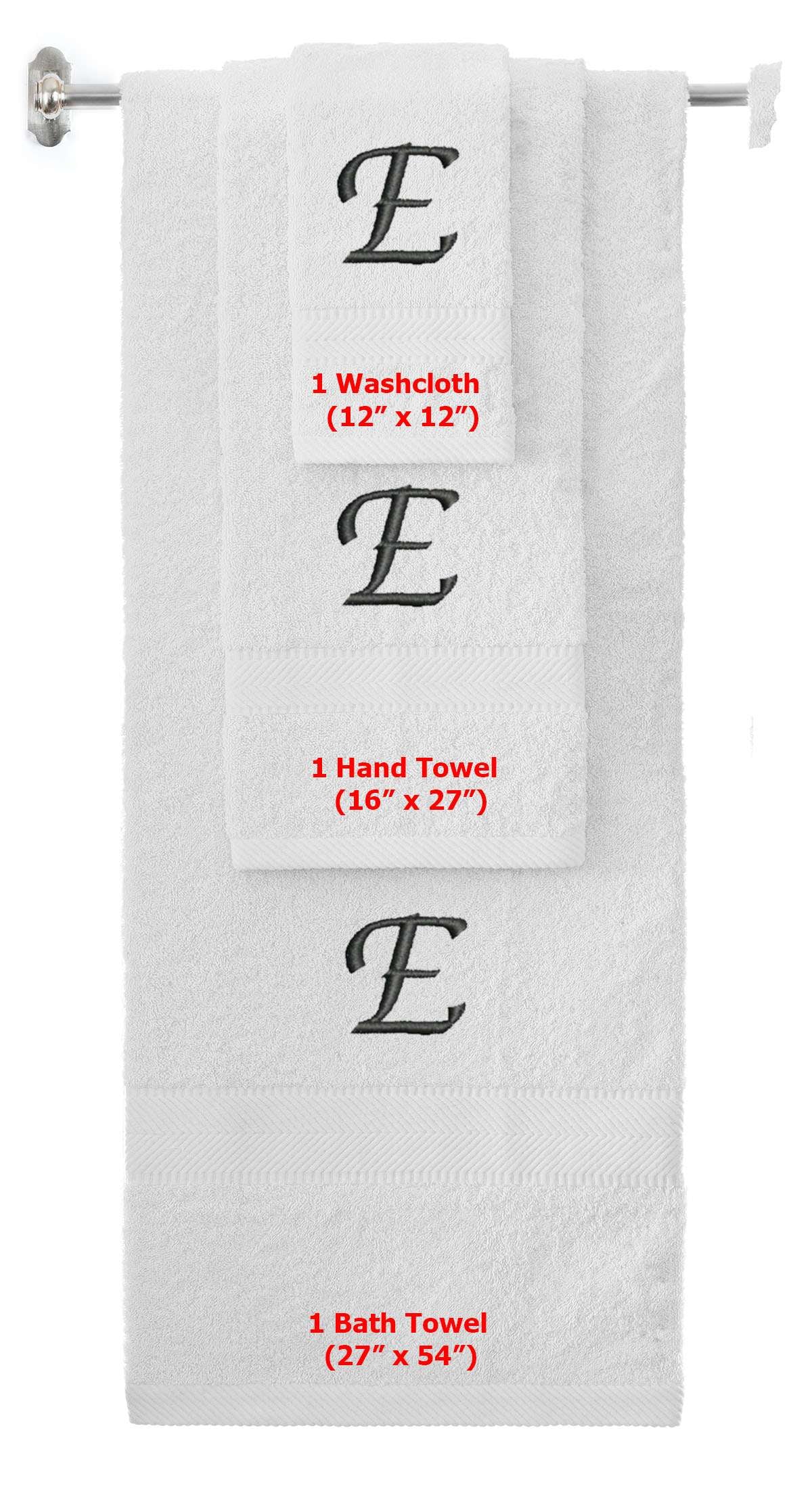 White monogrammed towel set with Black thread, Chancery font, initial E - 540 GSM cotton 3-piece