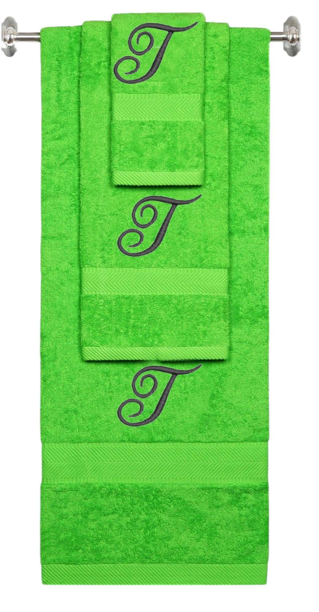 Lime monogrammed towel set with Black thread, Diana Script font, initial T - 540 GSM cotton 3-piece