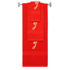 Red monogrammed towel set with Gold thread, Diana Script font, initial J - 540 GSM cotton 3-piece