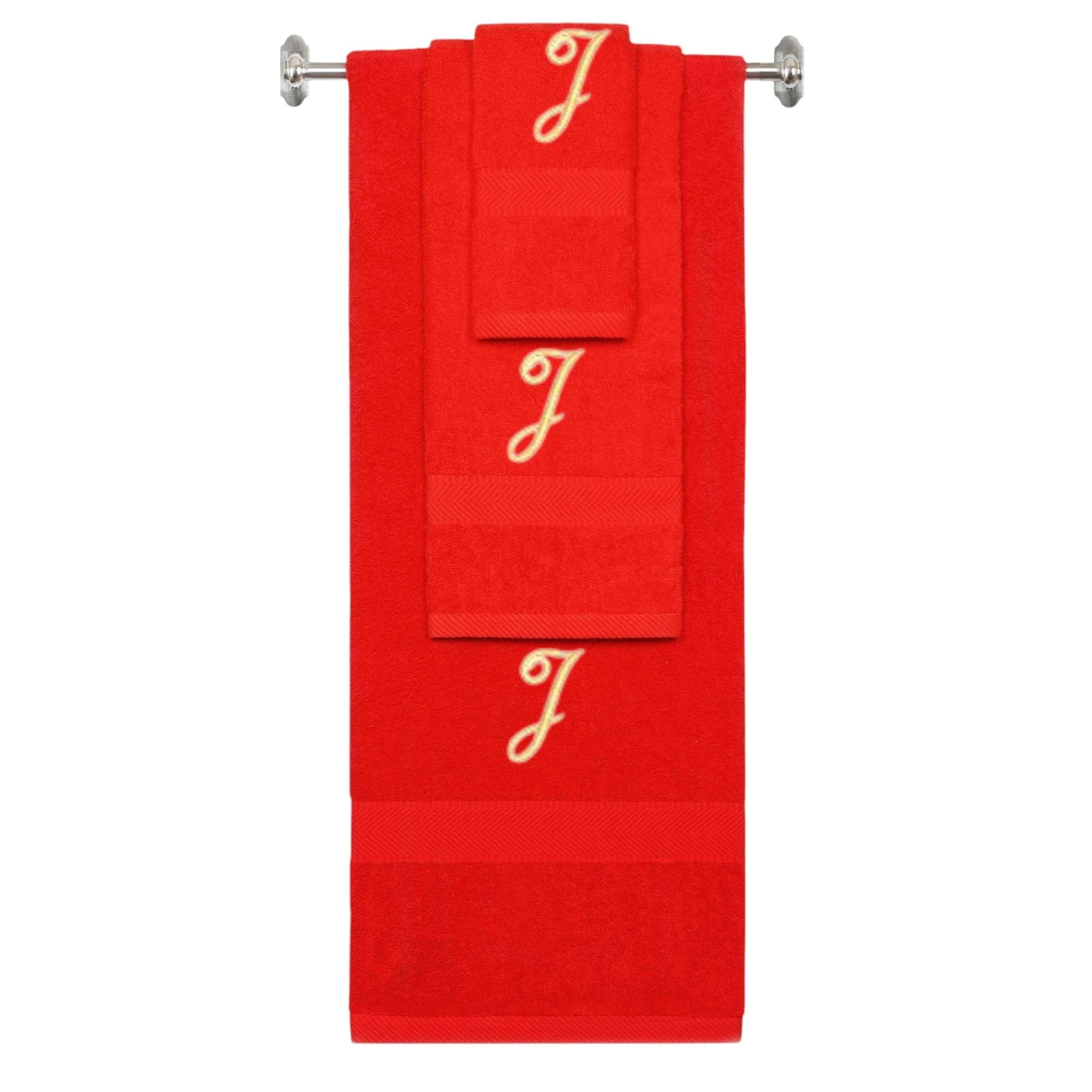 Red monogrammed towel set with Gold thread, Diana Script font, initial J - 540 GSM cotton 3-piece