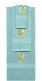 Nautical Teal monogrammed towel set with Gold thread, Times New Roman font, initial R - 540 GSM cotton 3-piece