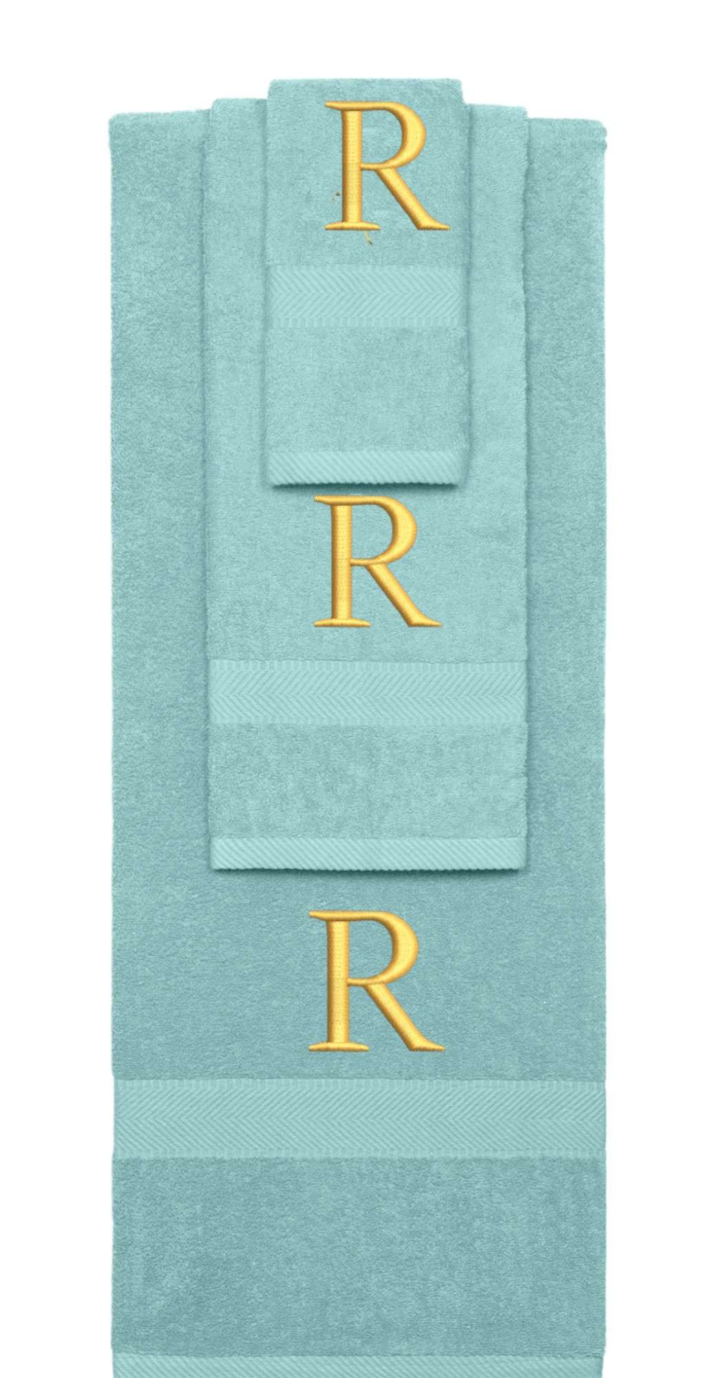 Nautical Teal monogrammed towel set with Gold thread, Times New Roman font, initial R - 540 GSM cotton 3-piece