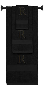 Black monogrammed towel set with Black thread, Times New Roman font, initial R - 540 GSM cotton 3-piece