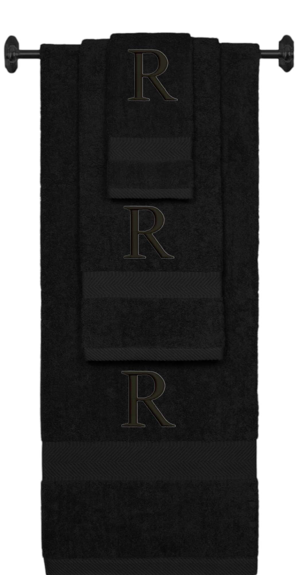 Black monogrammed towel set with Black thread, Times New Roman font, initial R - 540 GSM cotton 3-piece