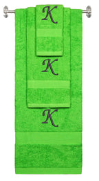 Lime monogrammed towel set with Black thread, Chancery font, initial K - 540 GSM cotton 3-piece