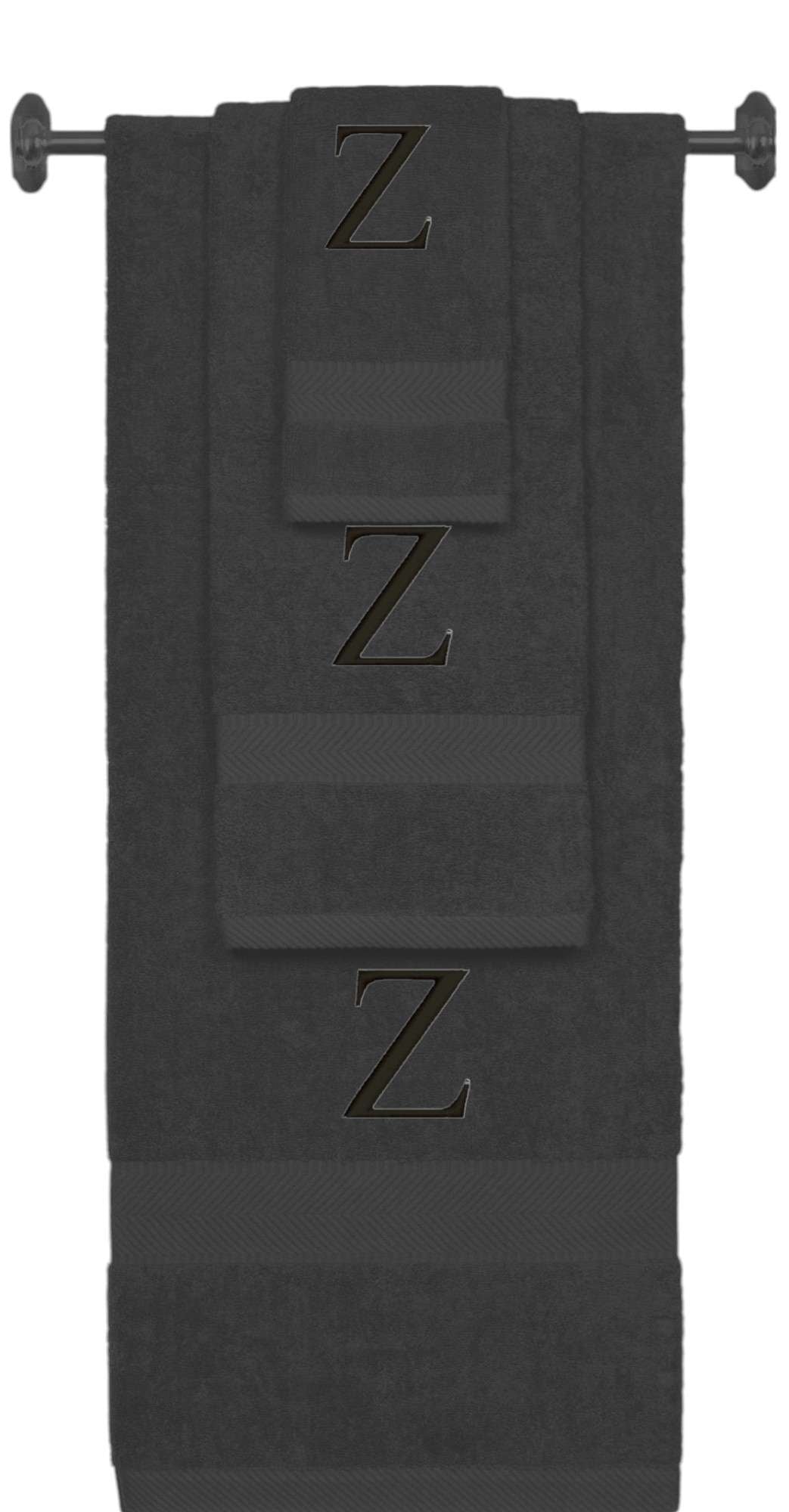 Charcoal monogrammed towel set with Black thread, Times New Roman font, initial Z - 540 GSM cotton 3-piece