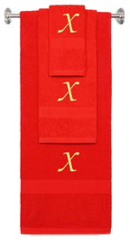 Red monogrammed towel set with Gold thread, Chancery font, initial X - 540 GSM cotton 3-piece