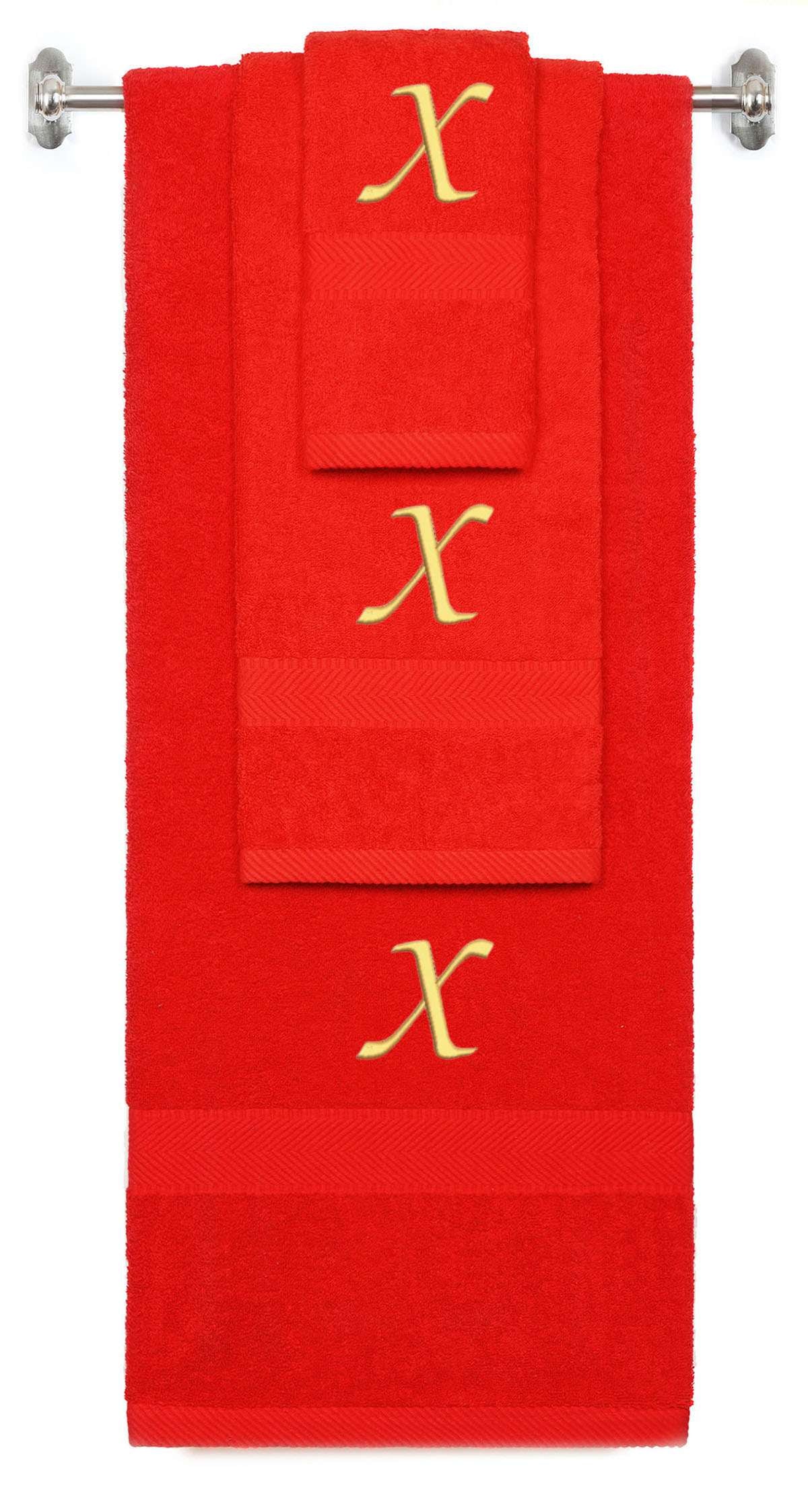 Red monogrammed towel set with Gold thread, Chancery font, initial X - 540 GSM cotton 3-piece