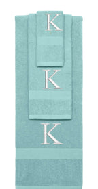 Nautical Teal monogrammed towel set with Silver thread, Times New Roman font, initial K - 540 GSM cotton 3-piece