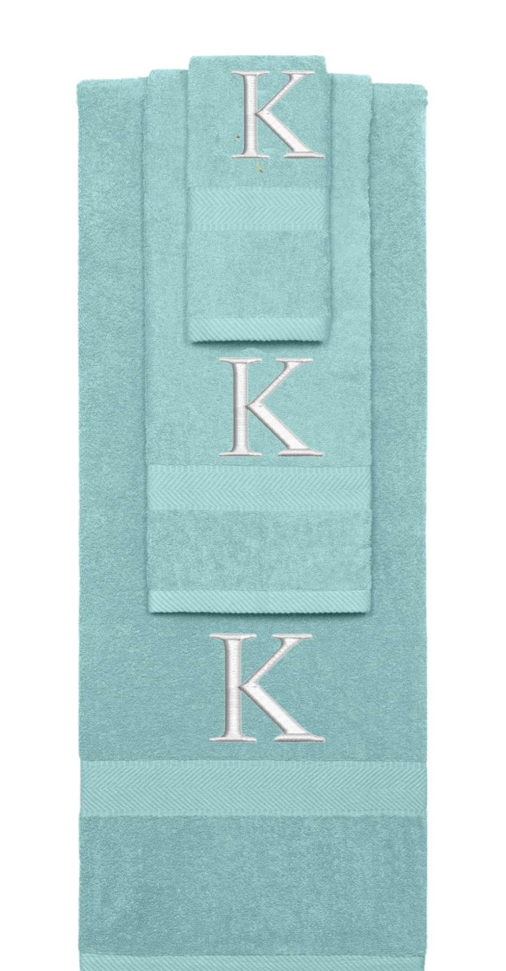 Nautical Teal monogrammed towel set with Silver thread, Times New Roman font, initial K - 540 GSM cotton 3-piece