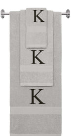 Silver monogrammed towel set with Black thread, Times New Roman font, initial K - 540 GSM cotton 3-piece