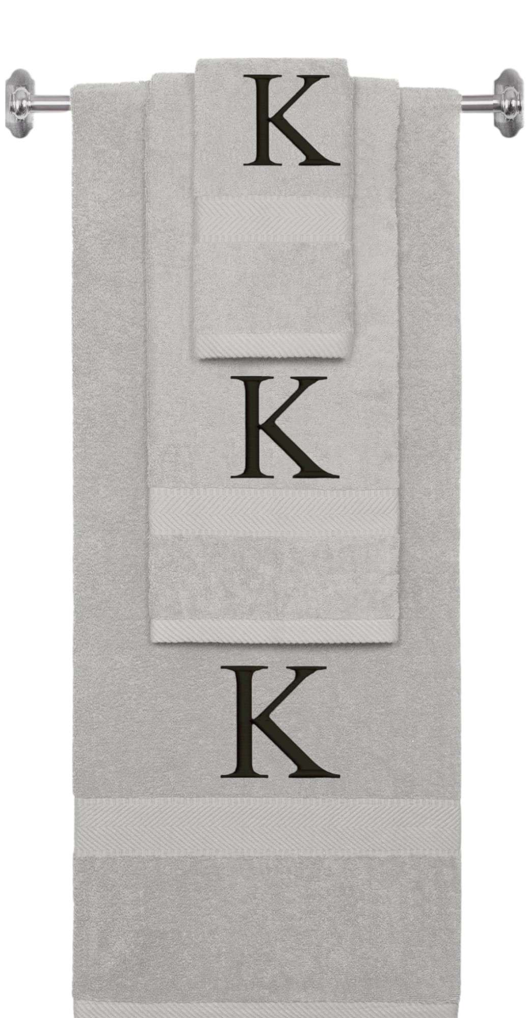 Silver monogrammed towel set with Black thread, Times New Roman font, initial K - 540 GSM cotton 3-piece