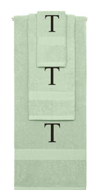 Mint Green monogrammed towel set with Black thread, Times New Roman font, initial T - 540 GSM cotton 3-piece