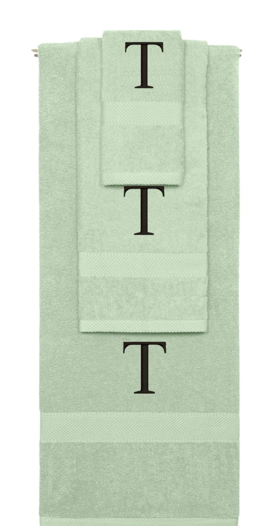 Mint Green monogrammed towel set with Black thread, Times New Roman font, initial T - 540 GSM cotton 3-piece