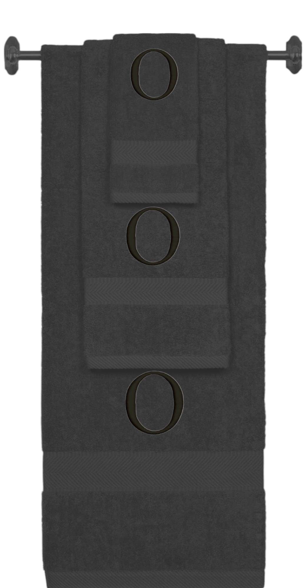 Charcoal monogrammed towel set with Black thread, Times New Roman font, initial O - 540 GSM cotton 3-piece